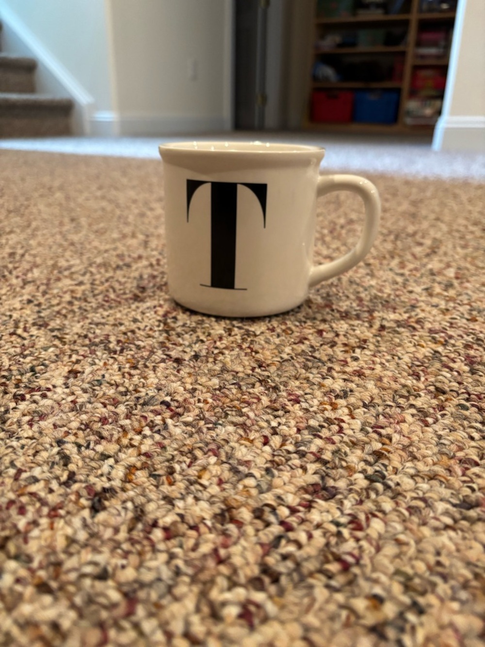 Pottery Barn White Ceramic Mug with Black 'T' Monogram